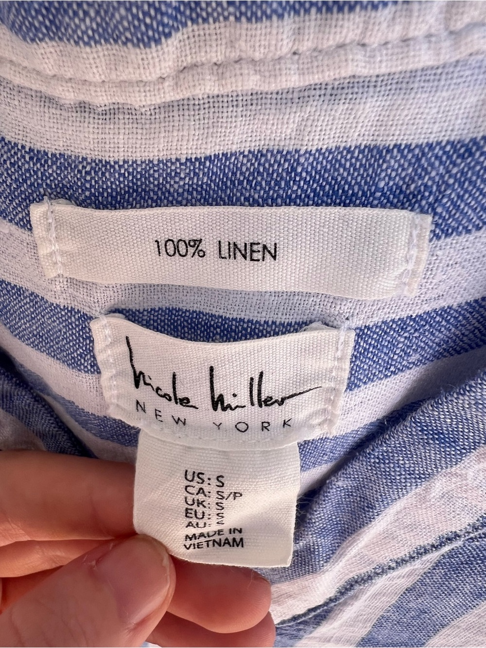 Nicole Miller Blue and White Striped Linen V-Neck Mini Dress - Picture 4 of 7